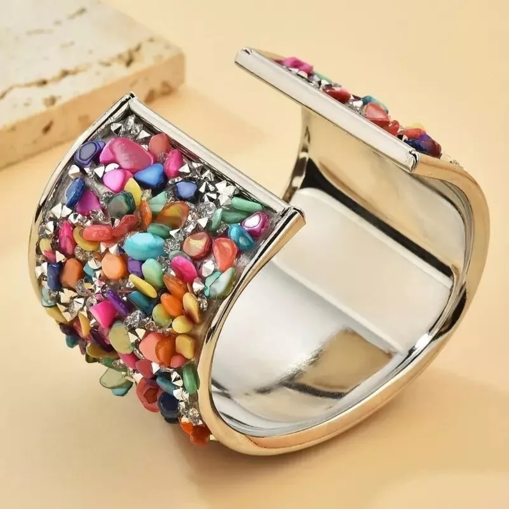 Elegant Silver Tone Rainbow Gemstones Wristband Bracelet Bangle Cuff - Picture 4 of 4